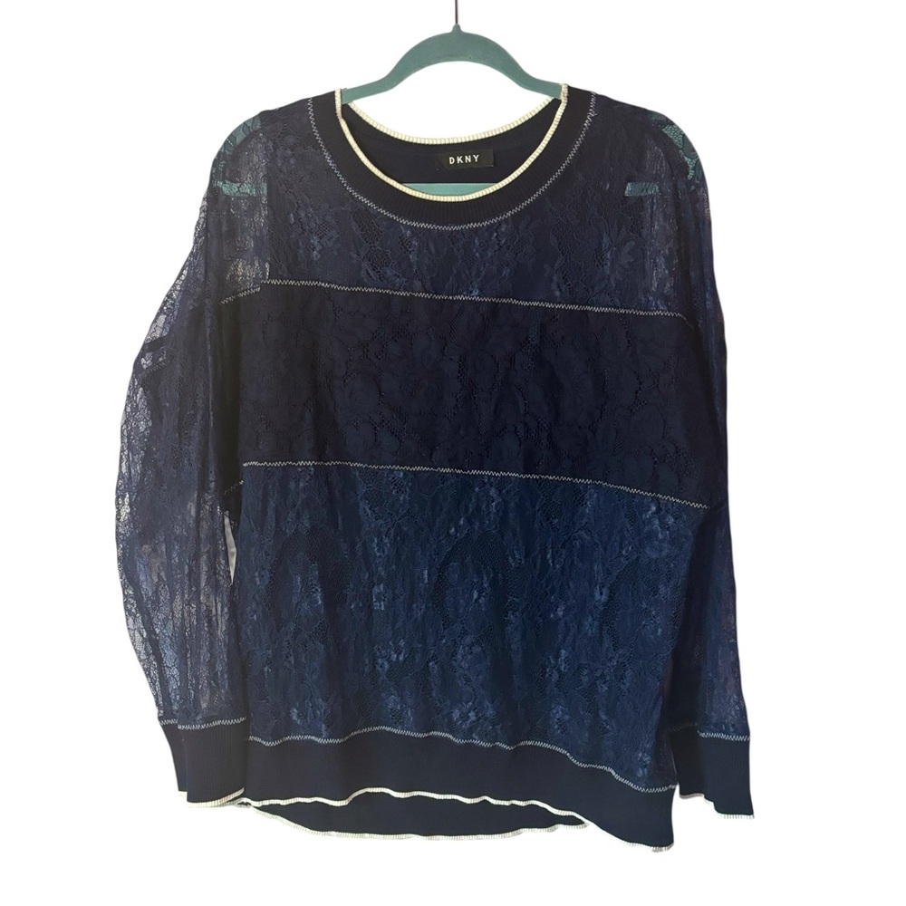 DKNY NEW Women's Navy Lace Sheer Sweatshirt Top Size M